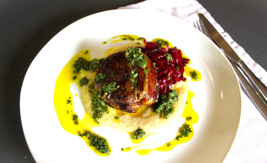 Easter Sauerbeet, Lamb Chop, Butterbean Hummus & Salsa Verde