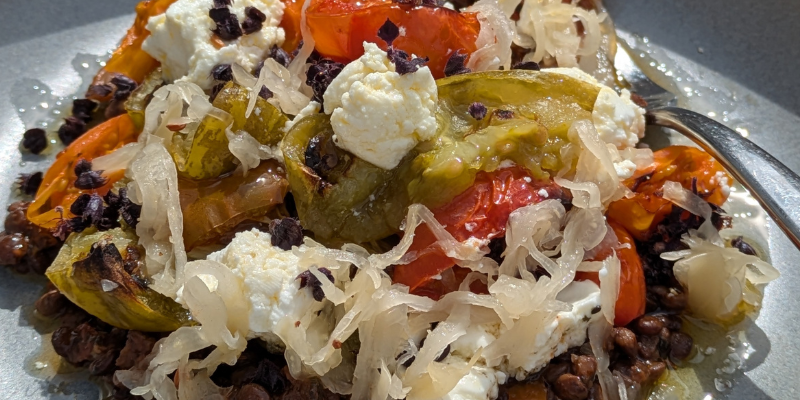 Roast Heritage Tomato Salad with Sauerkraut, Green Lentils, Goats Curd and Purple Basil